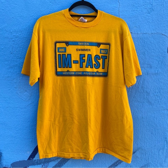 Vintage 1987 yellow t-shirt, Im Fast, swim team, size Large - Picture 2 of 9